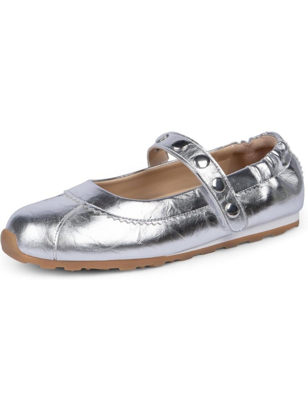 Women's Silver Mary Jane Comfortable Ballet Flats Casual Non-Slip Flat Shoes